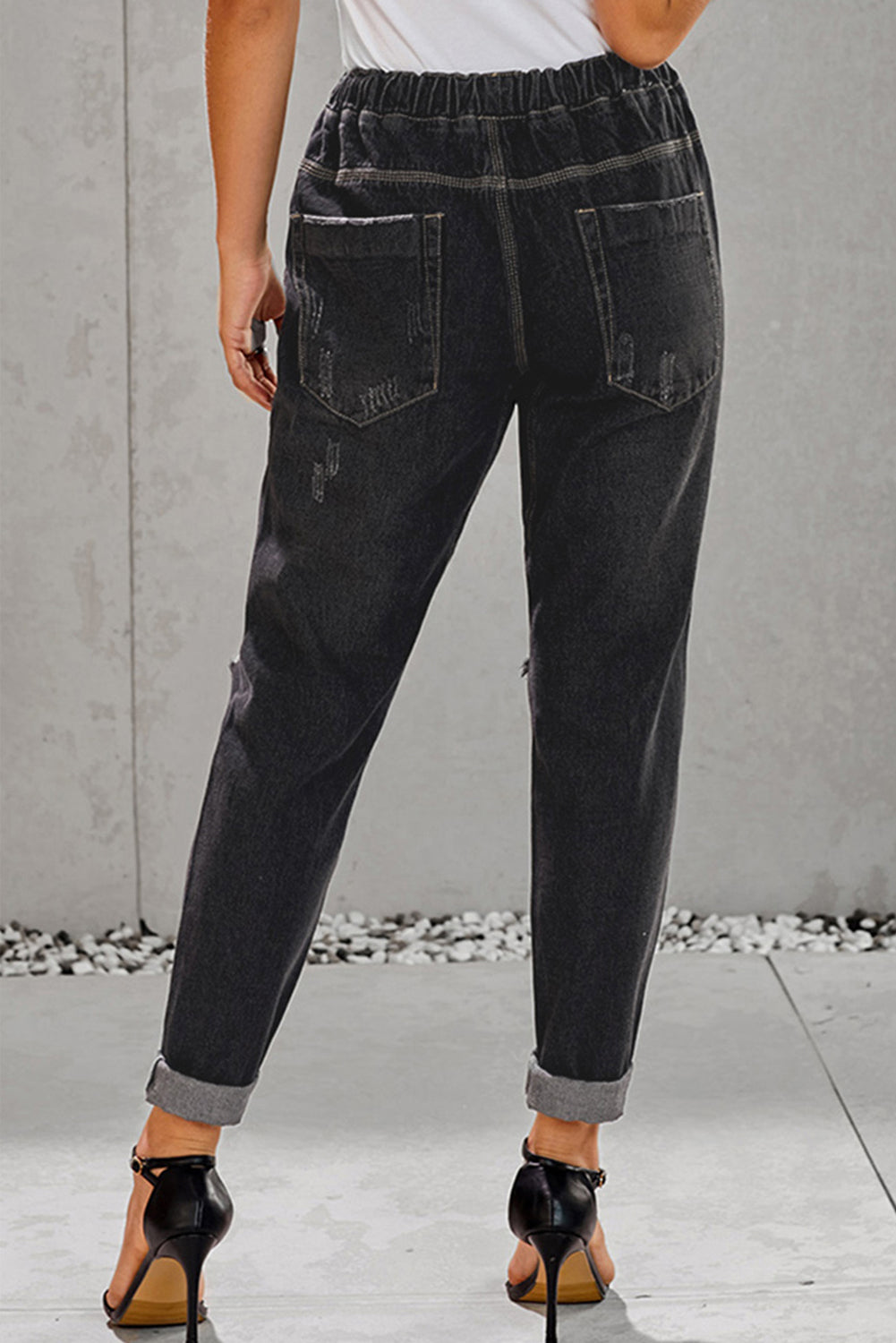 Gather Round Distressed Pocketed Denim Jogger | Black