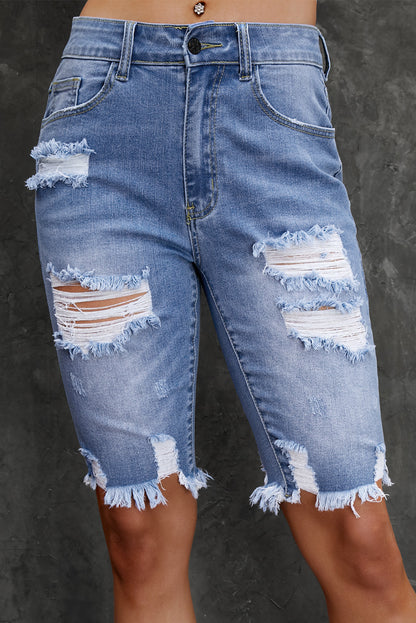 Sky Blue Ripped Tassel Bermuda Denim Shorts