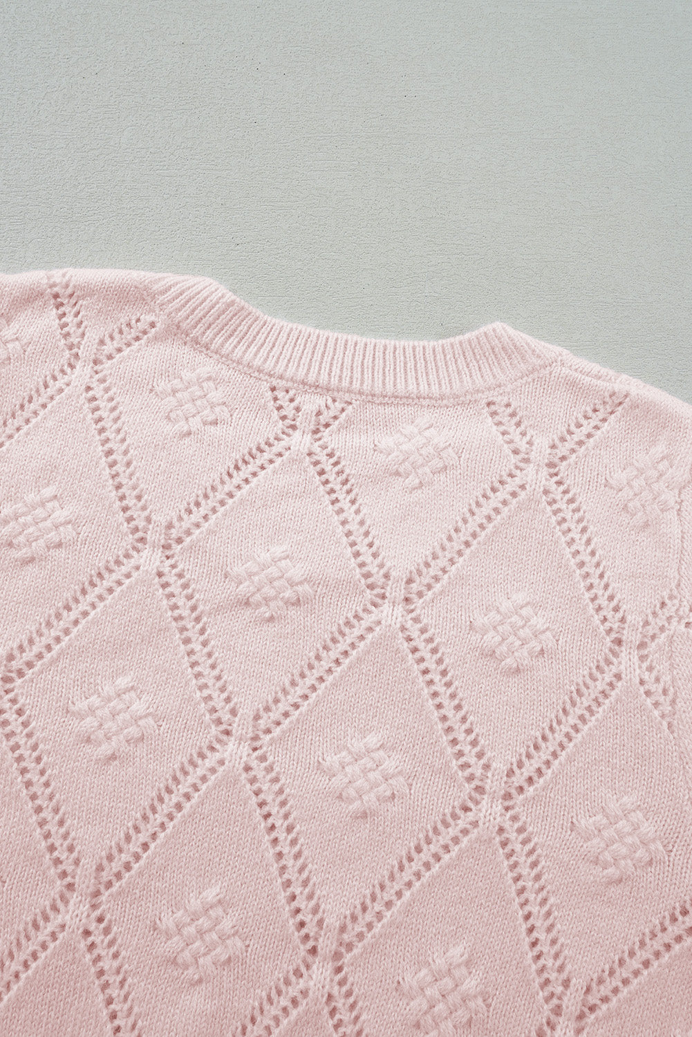 Openwork Plaid Puff Sleeve Cropped Sweater | Gossamer Pink