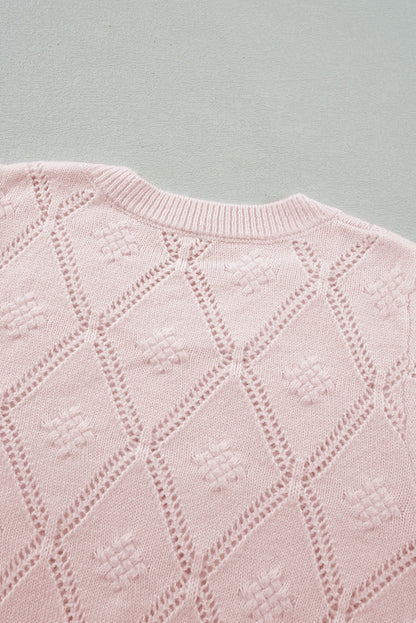 Openwork Plaid Puff Sleeve Cropped Sweater | Gossamer Pink