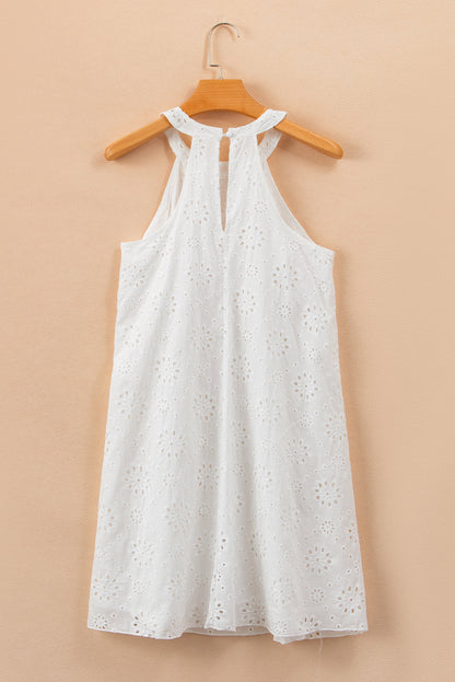 Boho Eyelet Pattern Halter Neck Sleeveless Dress | White