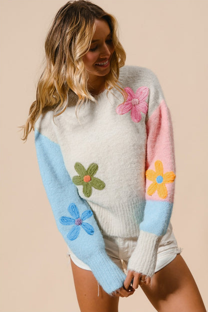 Floral Embroidered Colourblock Fuzzy Drop Shoulder Sweater | Multicolour