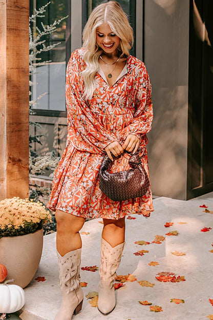 Floral Print Split V Neck Bubble Sleeve Plus Size Midi Dress | Orange