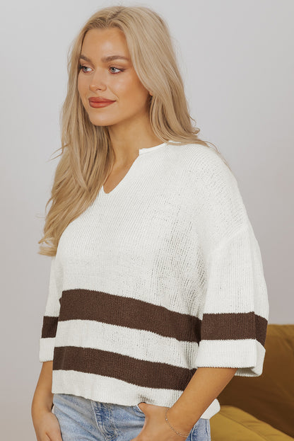 d Accent Notched V Neck Cropped Sweater T Shirt | Brown Stripe