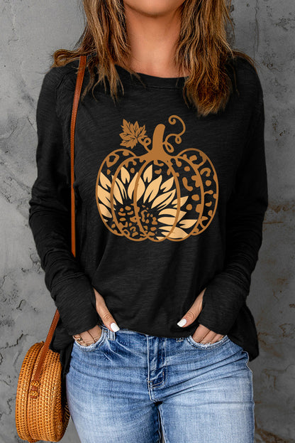 Sunflower Pumpkin Graphic Thumbhole Sleeve Top | Black