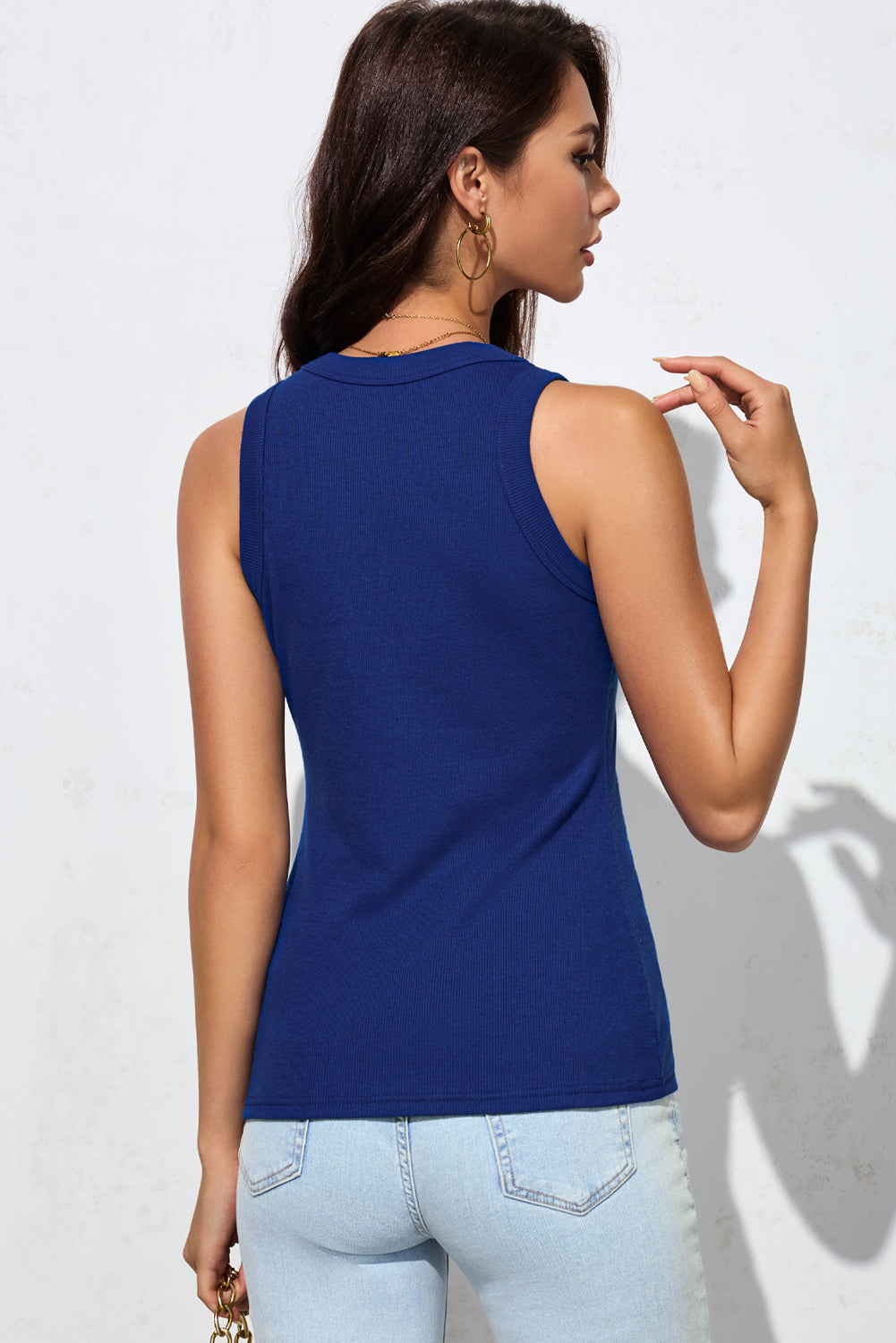 Solid Round Neck Ribbed Tank Top | Blue