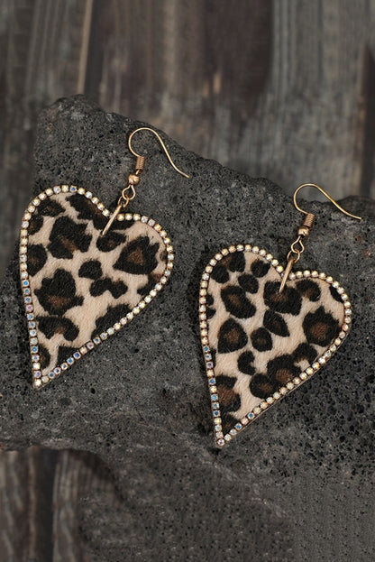 Rhinestone Edge Leopard Print Heart Shape Earrings | Multicolour