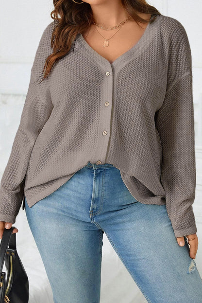 Waffle Knit Drop Shoulder Button V Neck Plus Size Top | Simply Taupe