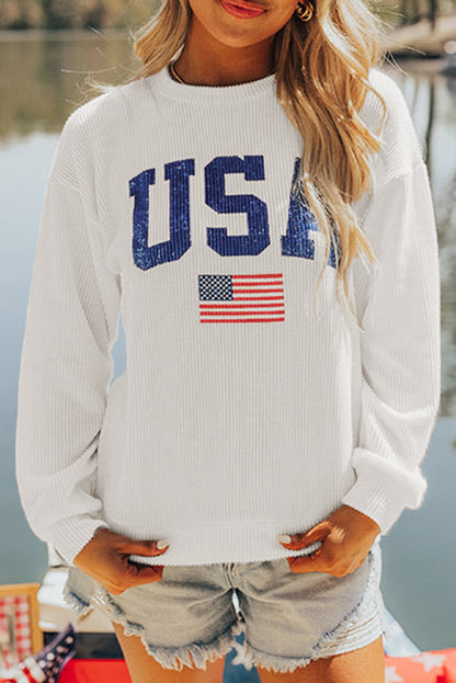 Usa Flag Corded Graphic Sweatshirt | White