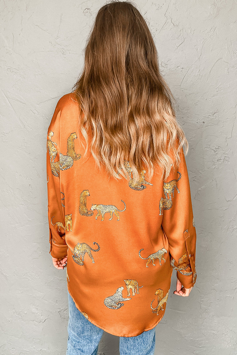 Cheetah Animal Print Button Up Satin Shirt | Russet Orange