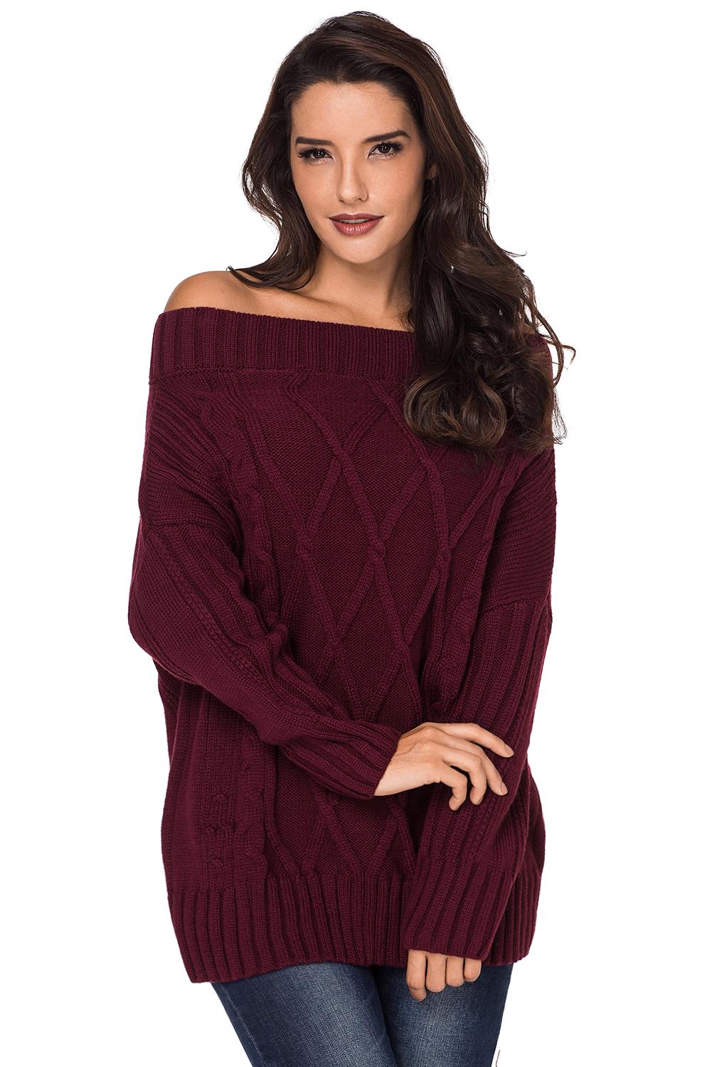 Wine Off The Shoulder Winter Sweater | Red