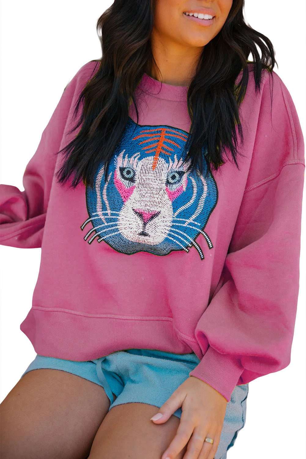 Chic Tiger Embroidered Casual Sweatshirt | Rose