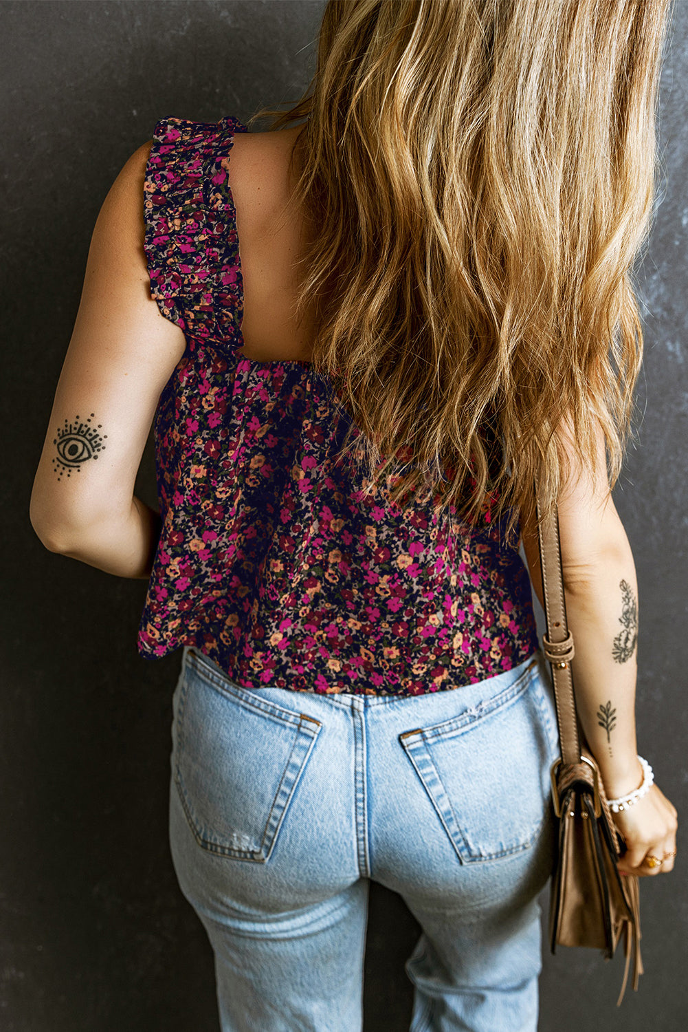 Boho Frilled Straps Floral Tank Top | Rose