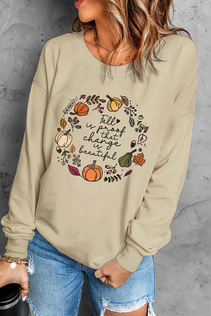 Fall Vibe Pumpkin Print Round Neck Sweatshirt | Khaki