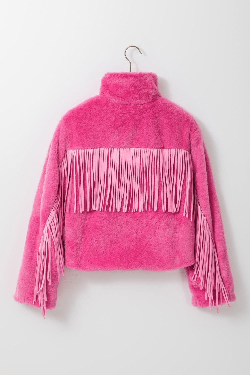 Fringed Full Zipper Fleece Jacket | Pink