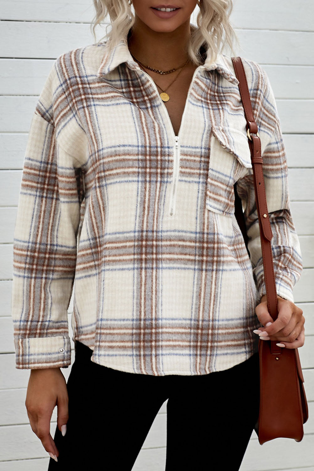 Chest Pocket Plaid Half Zip Sweatshirt | Apricot