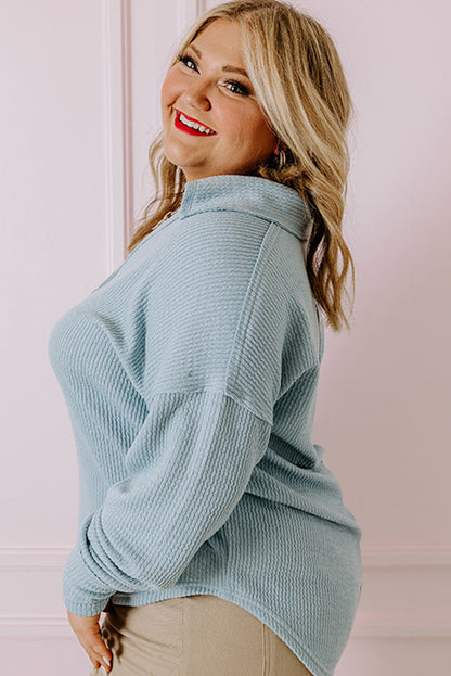 Textured Turn-Down V Neck Drop Shoulder Plus Size Top | Beau Blue