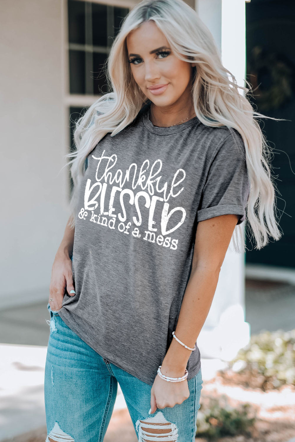 Thankful Blessed & Kind Of A Mess Graphic Tee | Gray