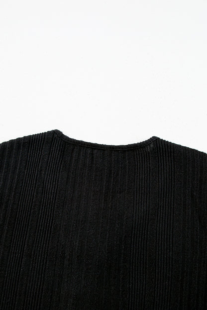 V Neck Buttoned Ribbed Knit Top | Black