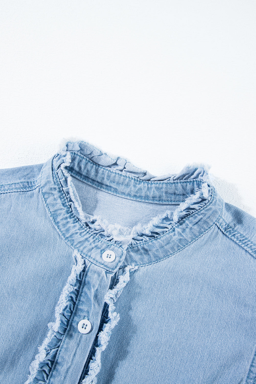 Button Front Ruffled Flutter Frayed Denim Top | Beau Blue