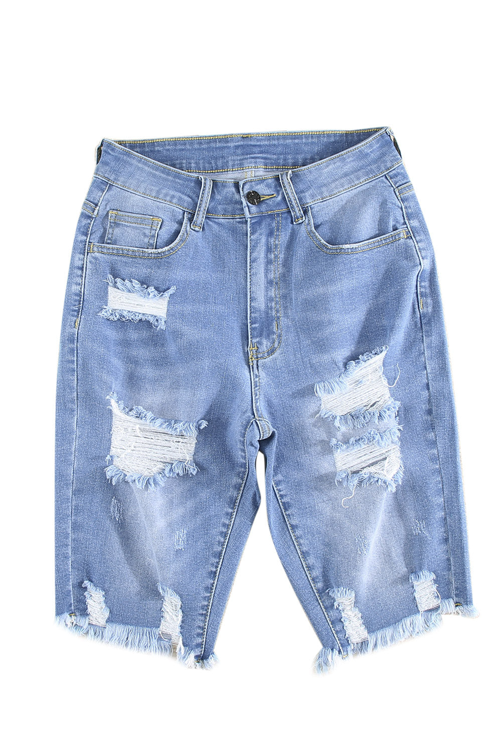 Ripped Tassel Bermuda Denim Shorts | Sky Blue