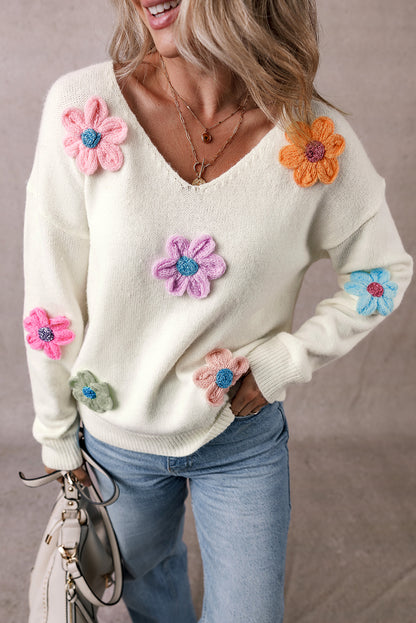 Crochet Flower V Neck Sweater | White