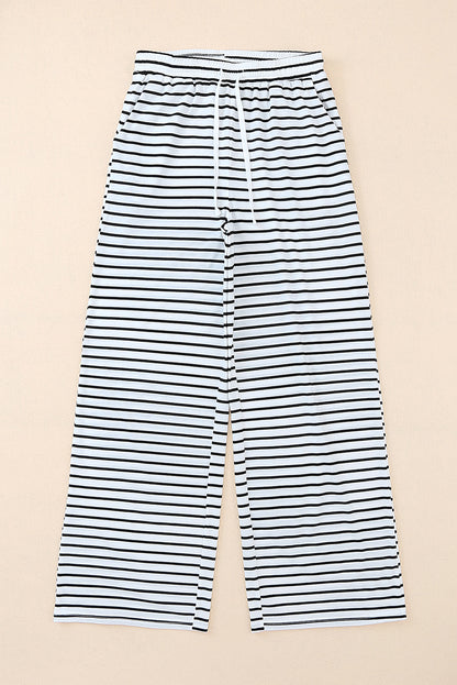 Drawstring Striped Wide Leg Pants | White