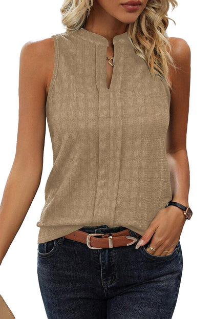 Lattice Textured Split Neck Tank Top | Light French Beige