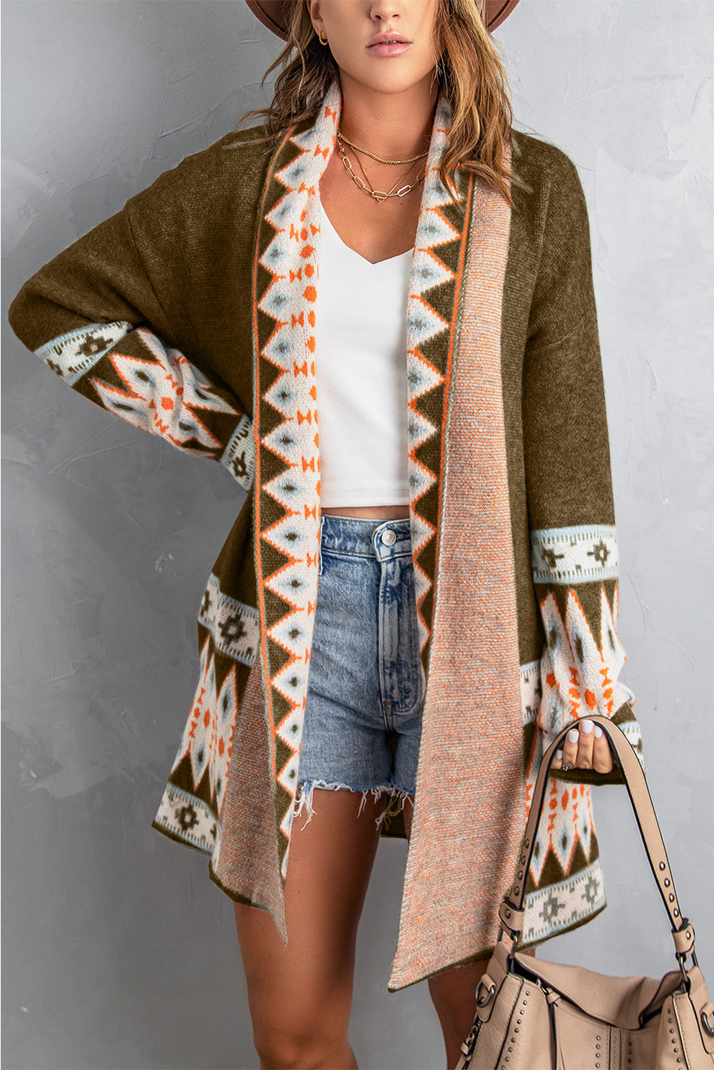 Aztec Print Open Front Knitted Cardigan | Brown