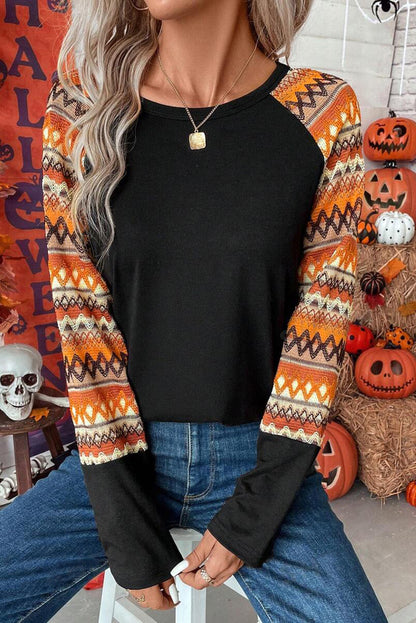 Geo Print Raglan Patchwork Long Sleeve Tee | Orange