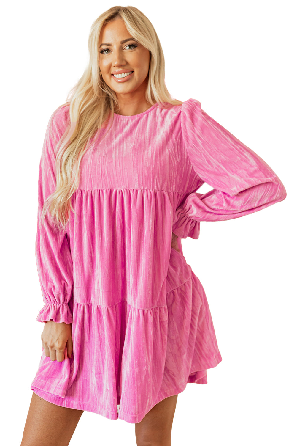 Flounce Sleeve Tiered Ruffled Velvet Mini Dress | Strawberry Pink