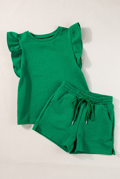 Textured Ruffled Sleeve Tee And Drawstring Shorts Set | Bright Green