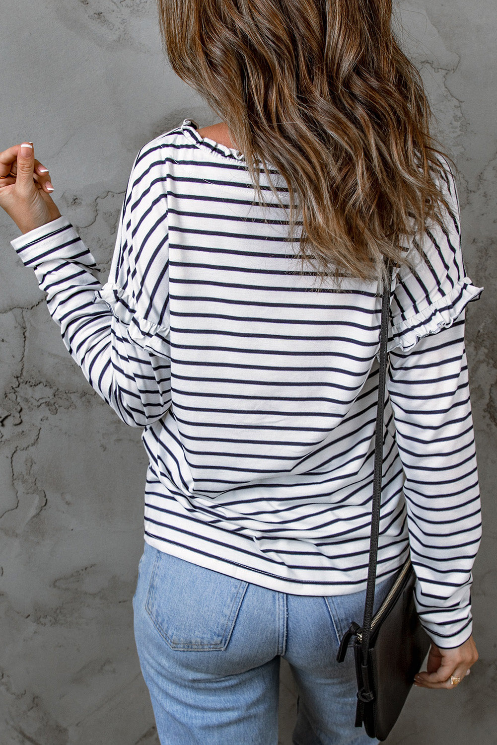 Striped Print Ruffled Buttoned Long Sleeve Top | White