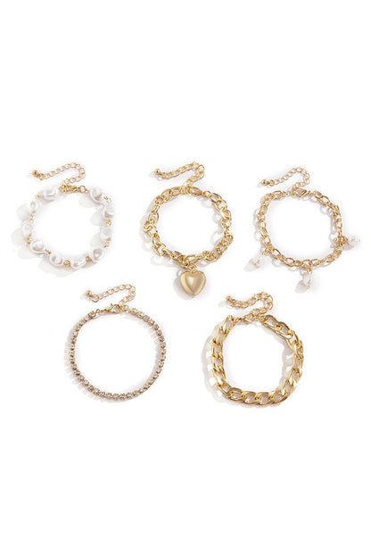 Heart Pendant Pearl Rhinestone Chain Bracelet Set | Gold