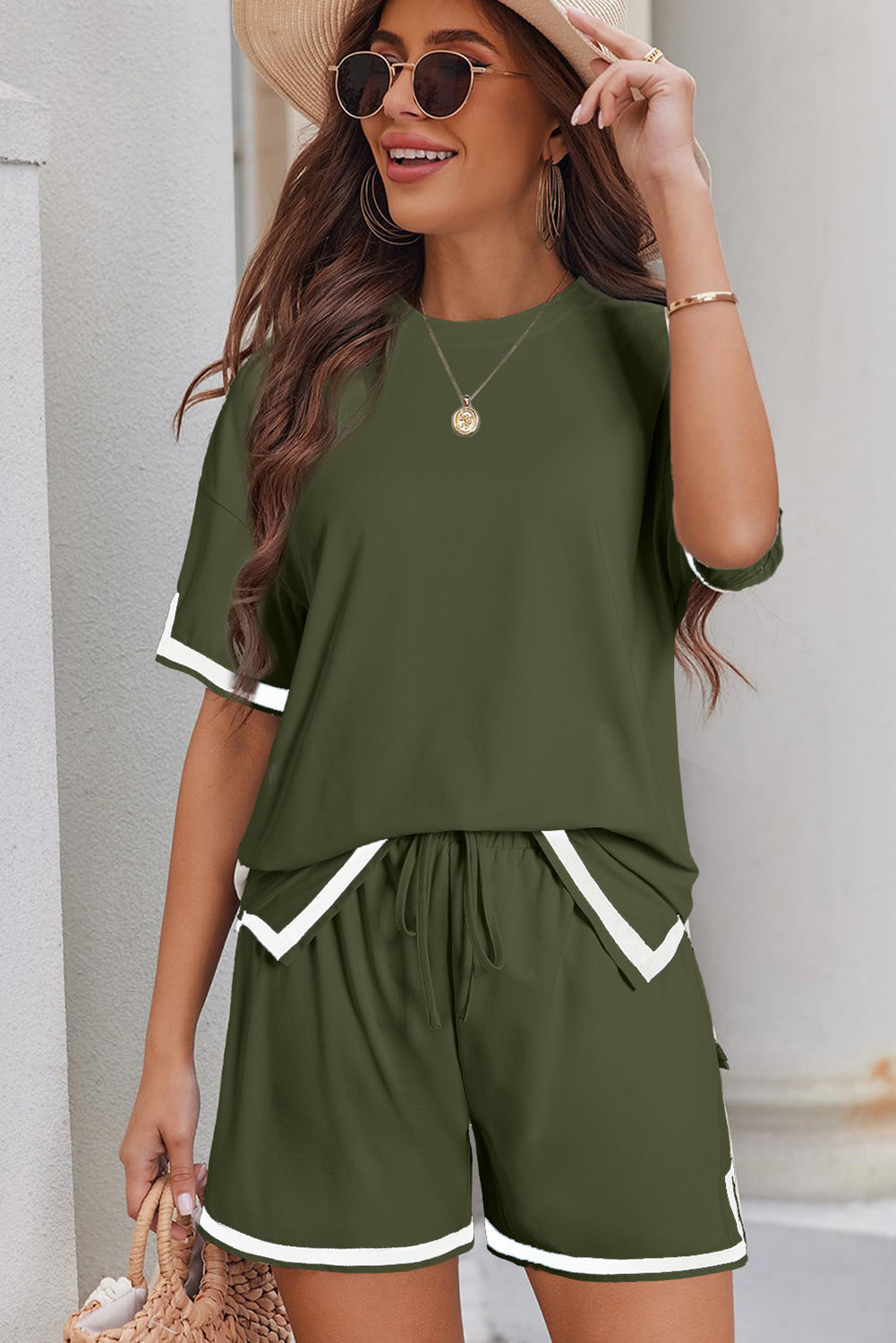 Contrast Trim Tee And Shorts Set | Vineyard Green