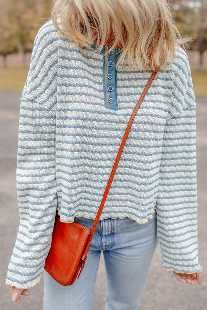 Textured Frilly Trim Buttons Henley Long Sleeve Top | Sky Blue Stripe