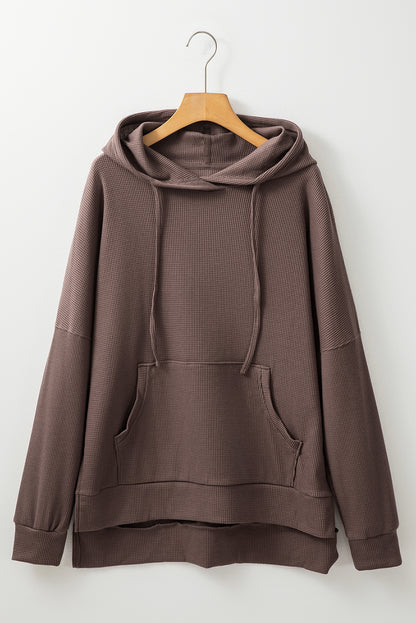 Waffle Knit Fleece Lined High Low Oversized Hoodie | Coffee