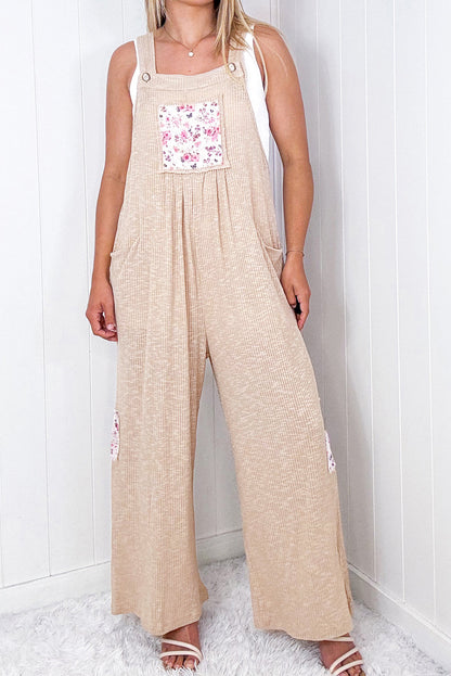 Floral Patchwork Ribbed Side Pockets Wide Leg Jumpsuit | Jet Stream