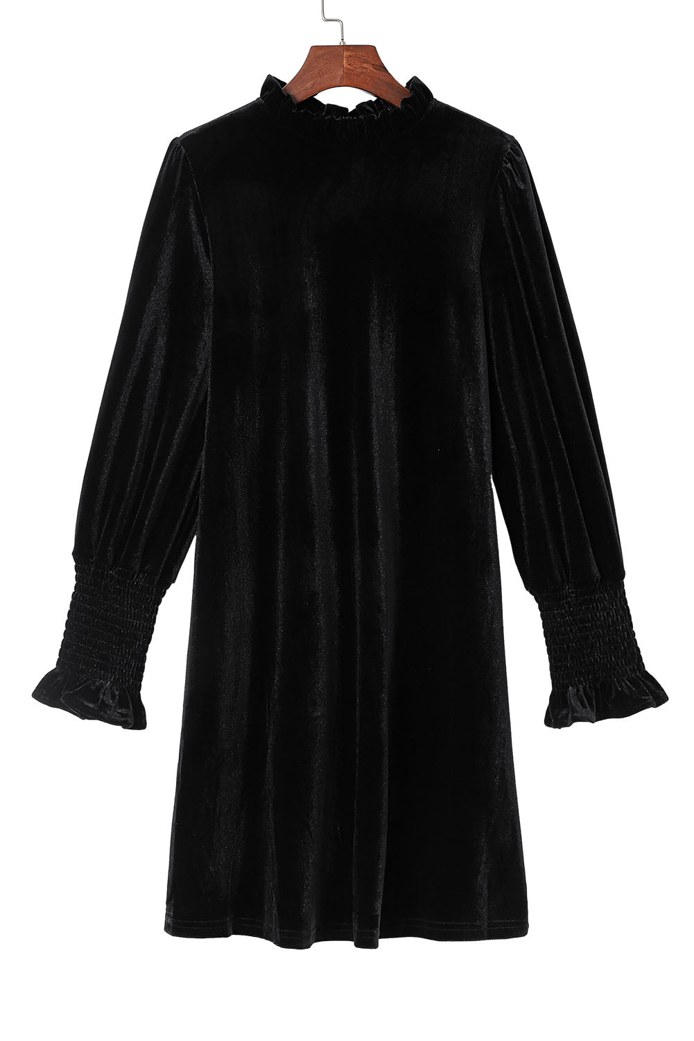 Velvet Frill Neck Long Sleeve Shift Dress | Black