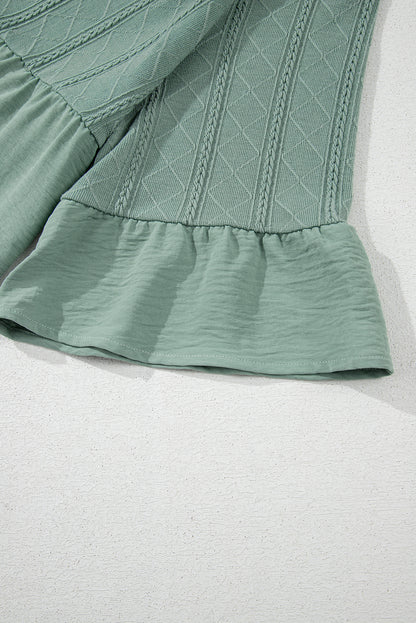 Tie Split Neck Textured Ruffle Patchwork Blouse | Laurel Green