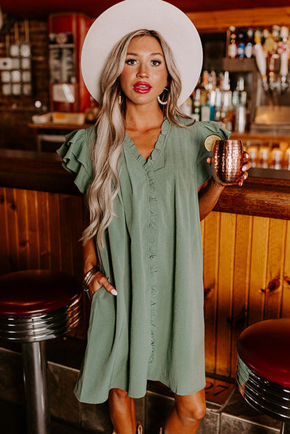 Ruffle Sleeve V Neck Frilled Shift Dress | Mist Green