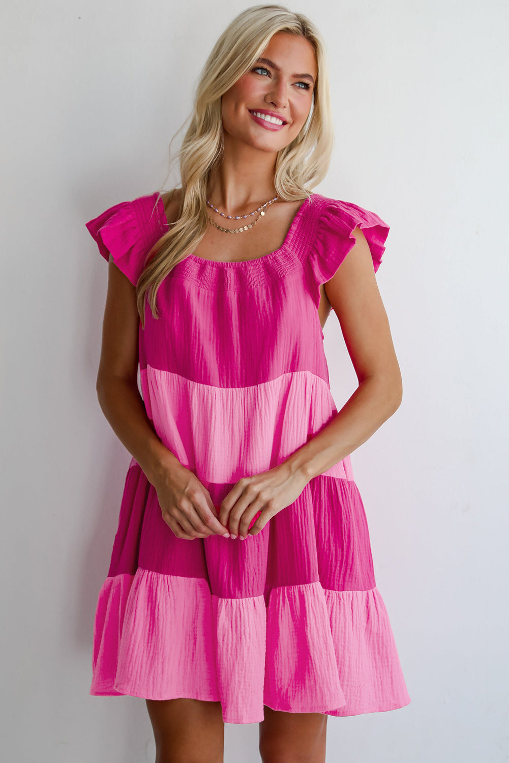 Crinkled Colourblock Patchwork Flutter Tiered Mini Dress | Pink