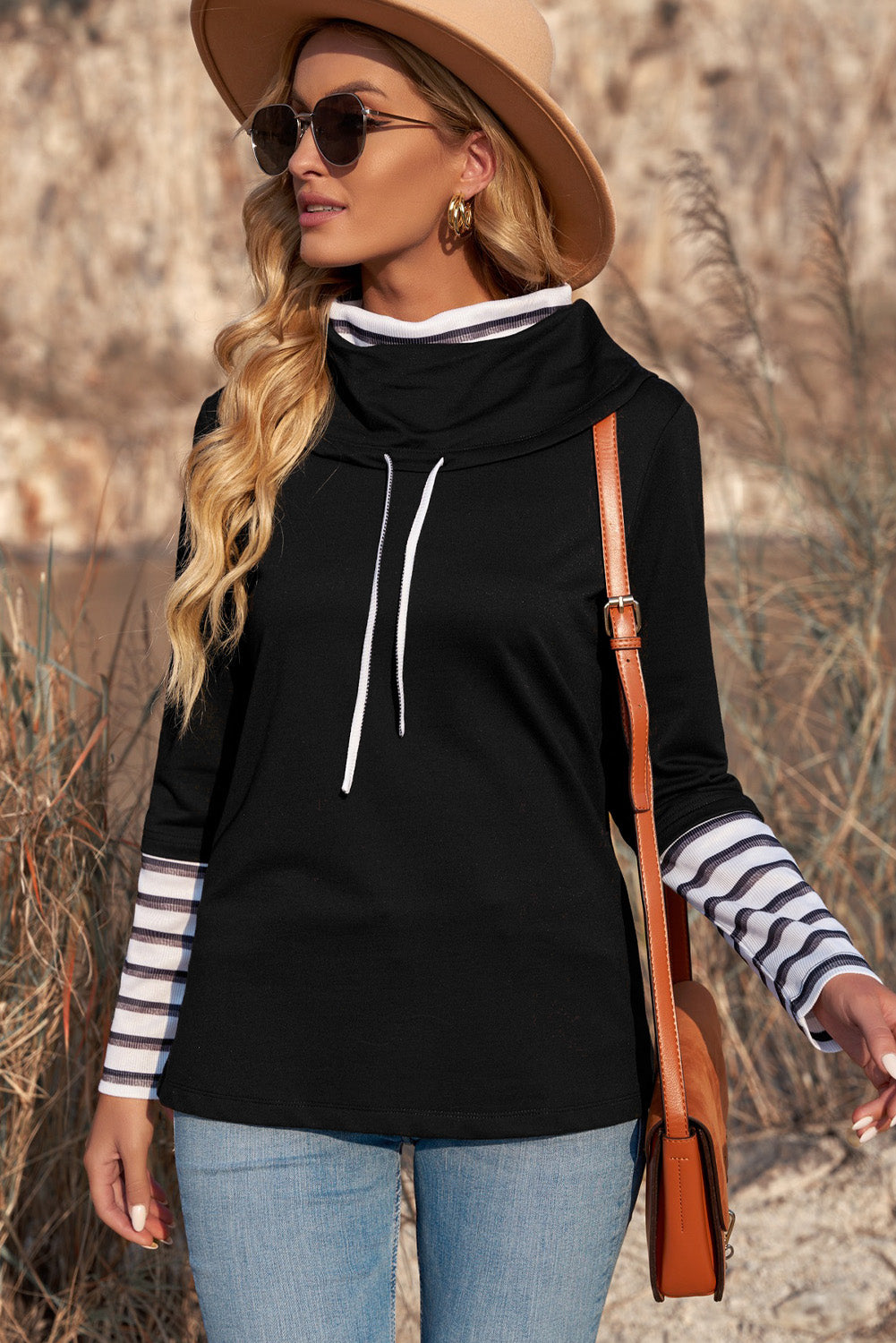 Striped Splicing High Neck Sweatshirt | Black