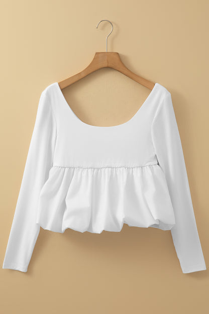 U Neck Long Sleeve Bubble Hem Top | White