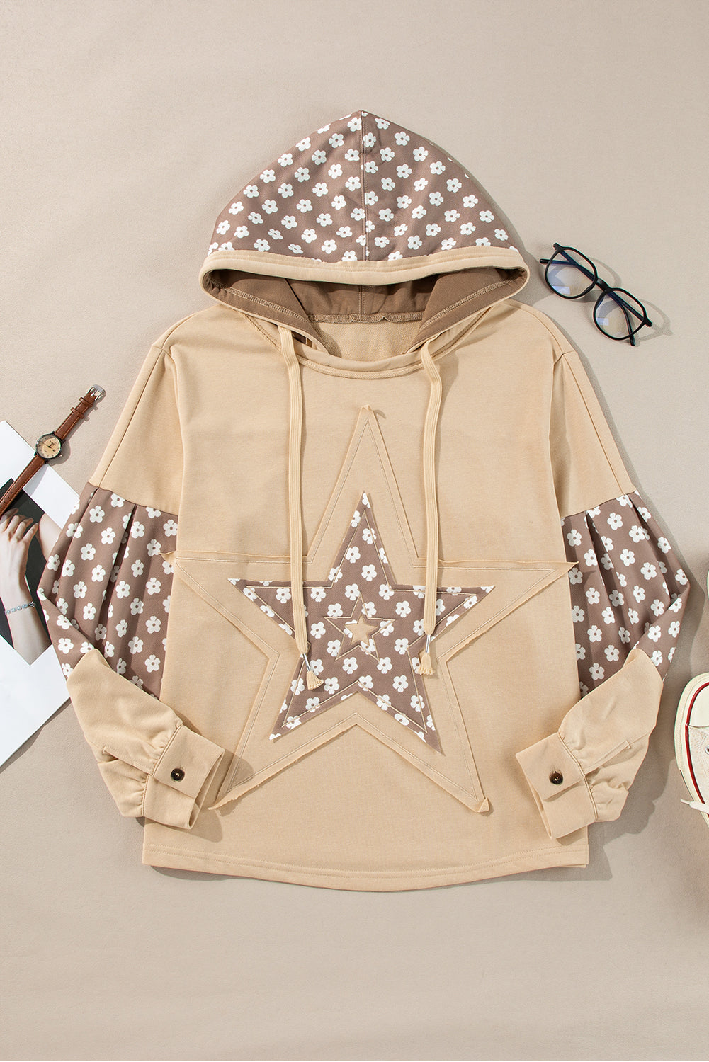 Floral Patchwork Star Pattern Drawstring Hoodie | Apricot