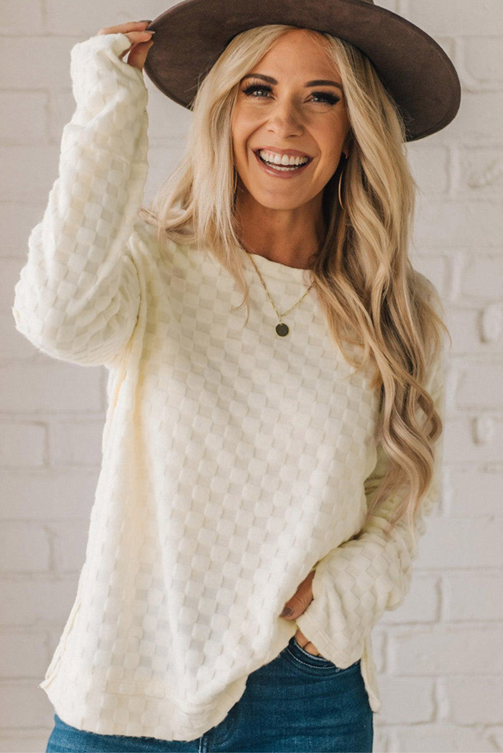 Solid Textured Thumbhole Sleeve Top | Beige