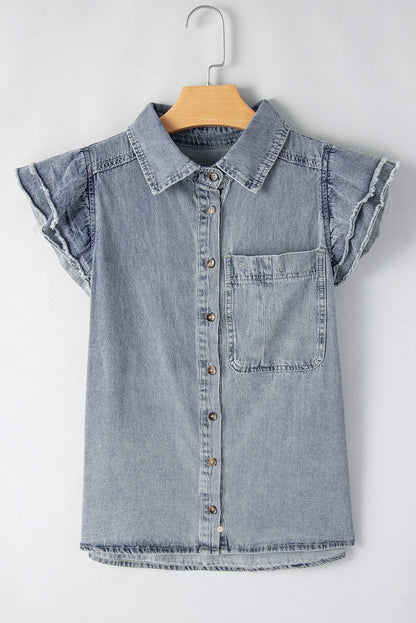 Frayed Ruffle Sleeve Denim Shirt | Beau Blue