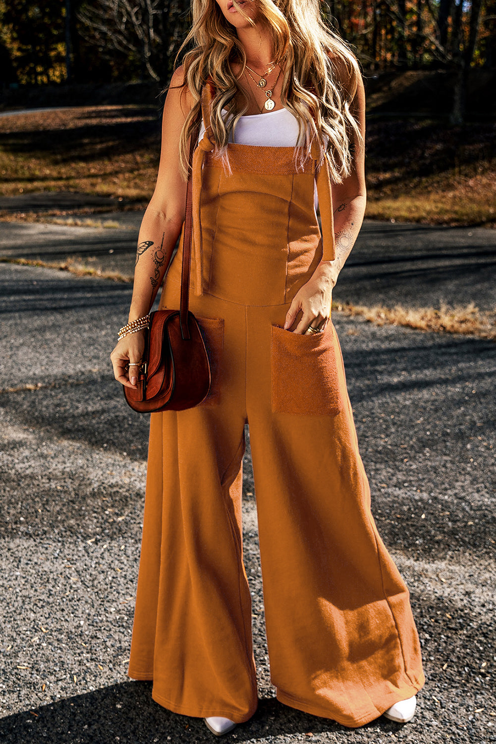 Brown Knotted Straps Patch Pocket Wide Leg Jumpsuit