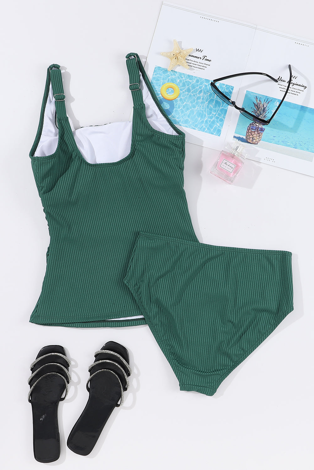 Ruched U Neck Ribbed Tankini | Blackish Green