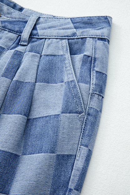 Checkered Denim Wide Leg Jeans | Dusk Blue